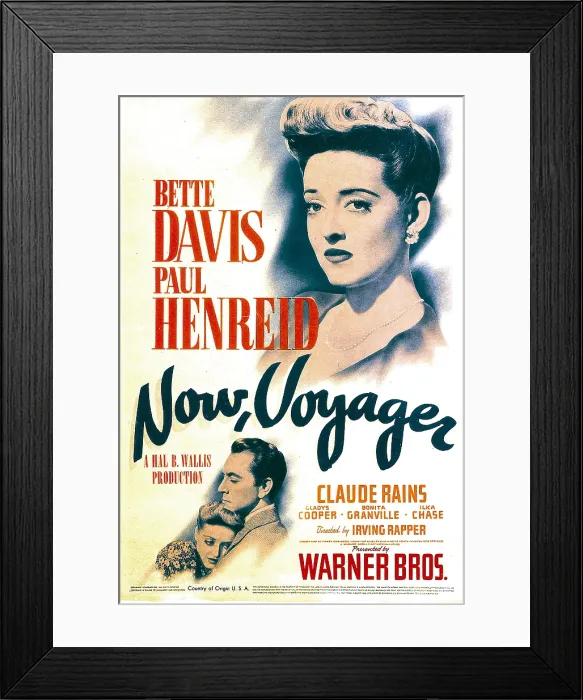 Framed Print : NOW, VOYAGER, top: Bette Davis, bottom from left: Bette Davis, Paul Henreid on midget window card, 1942