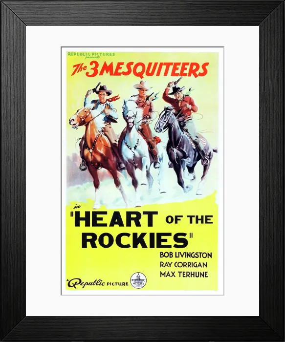 Framed Print : HEART OF THE ROCKIES, US poster art, from left: Ray Corrigan, Bob Livingston, Max Terhune, (aka the 3 Mesquiteers), 1937 Framed Print : HEART OF THE ROCKIES, US poster art, from left: Ray Corrigan, Bob Livingston, Max Terhune, (aka the 3 Mesquiteers), 1937