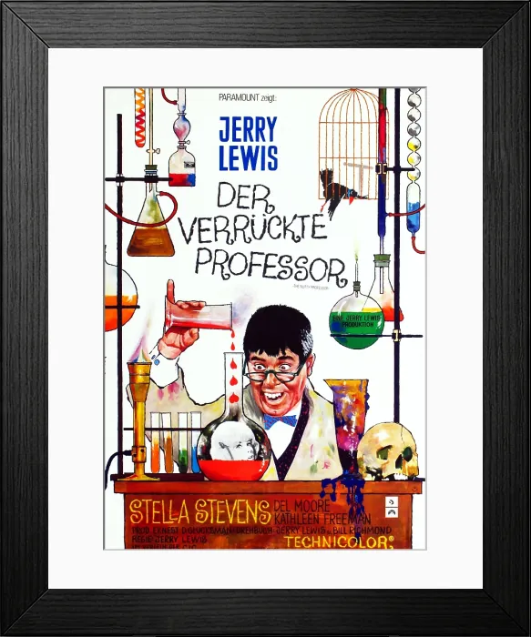 Framed Print : THE NUTTY PROFESSOR, Jerry Lewis (as the professor), Stella Stevens (in the bottle) on German poster art, 1963