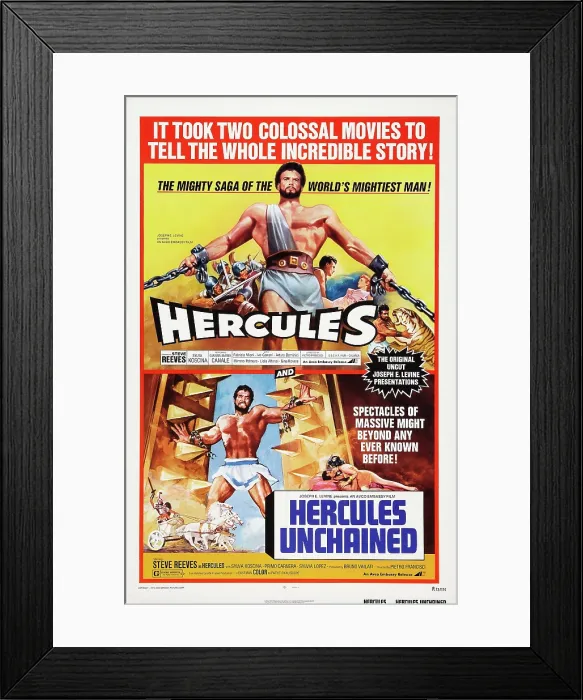 Framed Print : HERCULES, US 1973 double bill poster art, Steve Reeves, 1958; HERCULES UNCHAINED, Steve Reeves, 1959