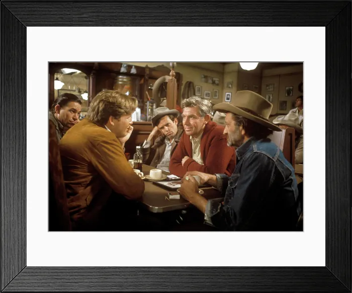Framed Print : HEARTS OF THE WEST, seated left: Burton Gilliam, Jeff Bridges, seated right: Matt Clark, Andy Griffith, 1975