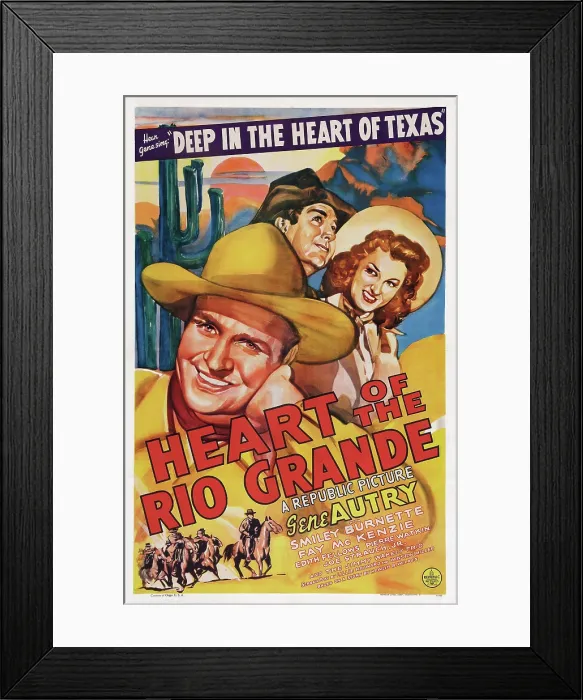 Framed Print : HEART OF THE RIO GRANDE, US poster art, from left: Gene Autry, Smiley Burnette, Fay McKenzie, 1942