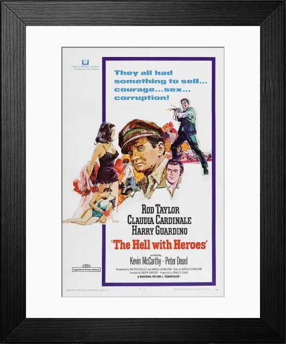 Framed Print : THE HELL WITH HEROES, l-r: Claudia Cardinale, Rod Taylor, Harry Guardino on poster art, 1968 Framed Print : THE HELL WITH HEROES, l-r: Claudia Cardinale, Rod Taylor, Harry Guardino on poster art, 1968