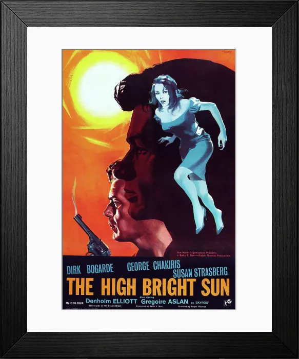 Framed Print : McGUIRE, GO HOME!, (aka THE HIGH BRIGHT SUN), British poster art, from left: Dirk Bogarde, George Chakiris, Susan Strasberg, 1964 Framed Print : McGUIRE, GO HOME!, (aka THE HIGH BRIGHT SUN), British poster art, from left: Dirk Bogarde, George Chakiris, Susan Strasberg, 1964