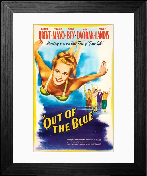 Framed Print : OUT OF THE BLUE, US poster, from left: Virginia Mayo, Turhan Bey, Ann Dvorak, George Brent, Carole Landis, 1947 Framed Print : OUT OF THE BLUE, US poster, from left: Virginia Mayo, Turhan Bey, Ann Dvorak, George Brent, Carole Landis, 1947