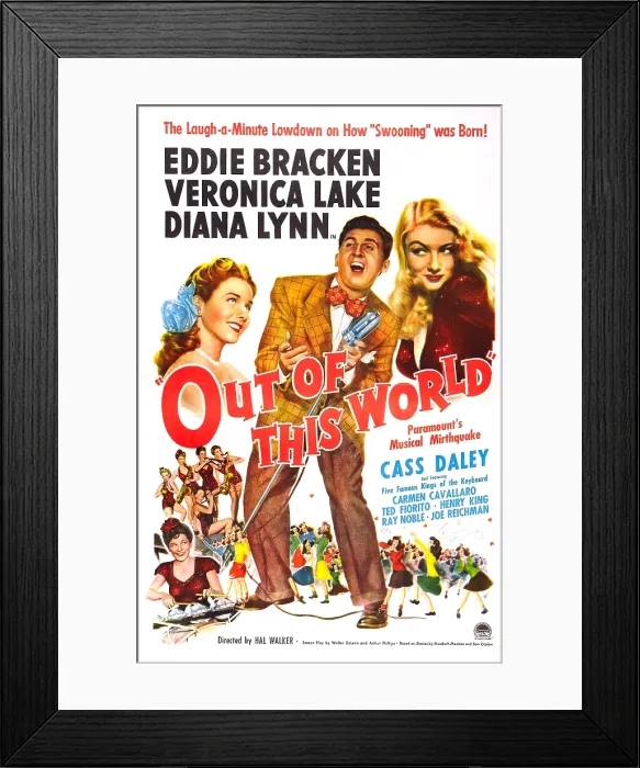 Framed Print : OUT OF THIS WORLD, US poster, from left: Diana Lynn, Eddie Bracken, Veronica Lake, 1945
