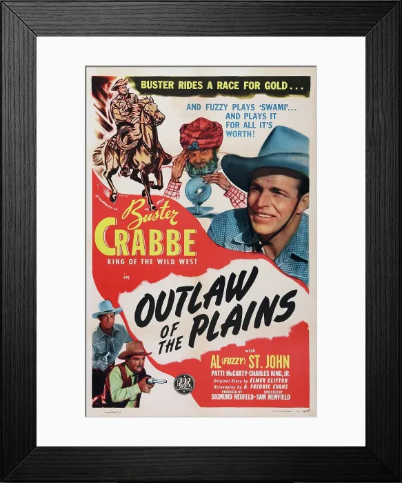 Framed Print : OUTLAW OF THE PLAINS, US poster art, center: Al St. John; top right: Buster Crabbe; bottom left: Buster Crabbe, Bud Osborne, 1946