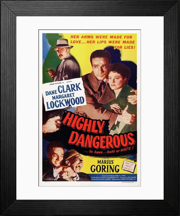 Framed Print : HIGHLY DANGEROUS, US poster art, from top left: Marius Goring, Dane Clark, Margaret Lockwood; bottom left: Dane Clark, 1950
