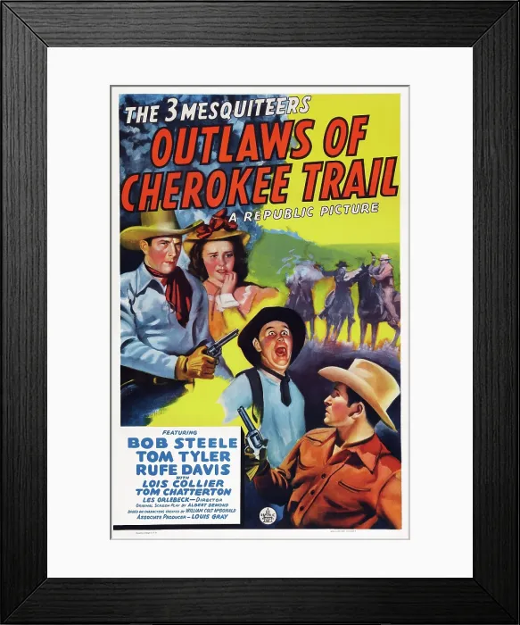 Framed Print : OUTLAWS OF CHEROKEE TRAIL, US poster art, from top left: Bob Steele, Lois Collier, Rufe Davis, Tom Tyler, 1941