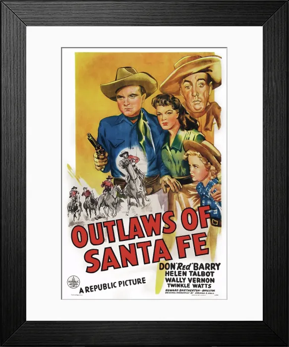 Framed Print : OUTLAWS OF SANTA FE, US poster art, top: Don Barry, Helen Talbot, Wally Vernon; below: Twinkle Watts, 1944