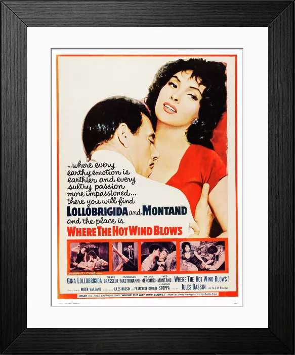 Framed Print : THE LAW, (aka LA LEGGE, aka WHERE THE HOT WIND BLOWS!), US poster art, top from left: Yves Montand, Gina Lollobrigida, 1959