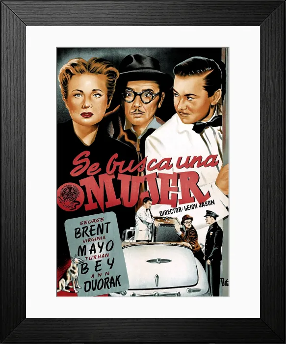 Framed Print : OUT OF THE BLUE, from left, Virginia Mayo, George Brent, Turhan Bey, 1947