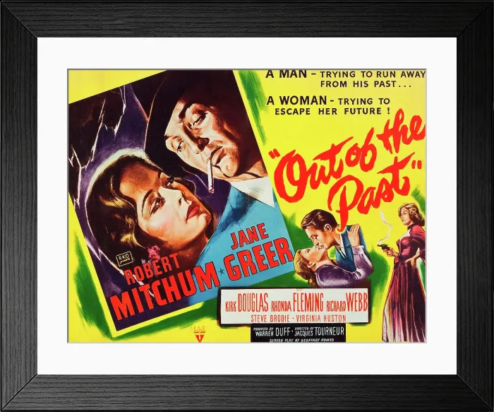 Framed Print : OUT OF THE PAST, top and bottom l-r: Jane Greer, Robert Mitchum on title card, 1947 Framed Print : OUT OF THE PAST, top and bottom l-r: Jane Greer, Robert Mitchum on title card, 1947