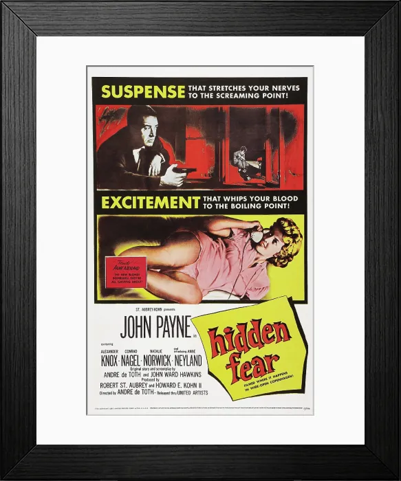 Framed Print : HIDDEN FEAR, US poster art, top: John Payne; bottom: Anne Neyland, 1957