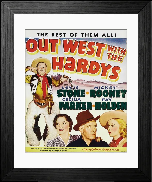 Framed Print : OUT WEST WITH THE HARDYS, top left: Mickey Rooney, bottom from left: Fay Holden, Lewis Stone, Cecilia Parker on window card, 1938 Framed Print : OUT WEST WITH THE HARDYS, top left: Mickey Rooney, bottom from left: Fay Holden, Lewis Stone, Cecilia Parker on window card, 1938