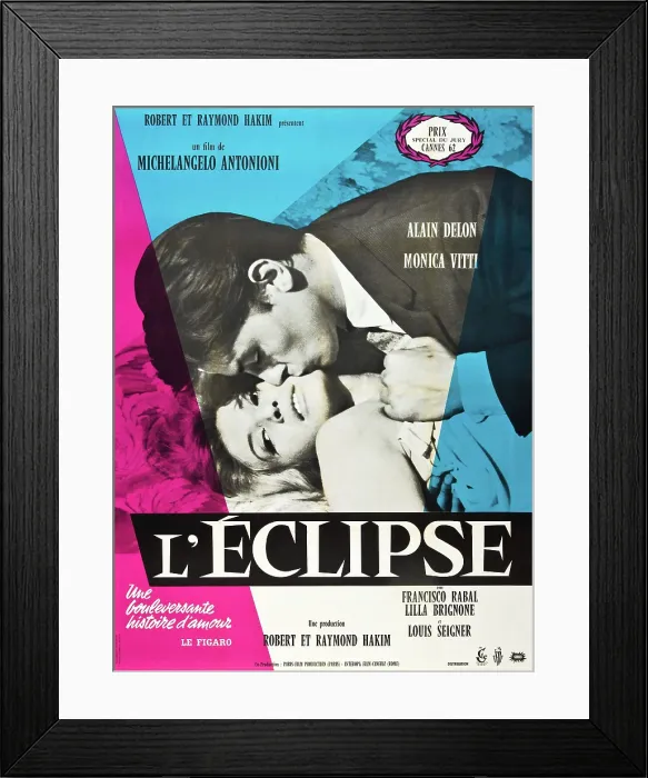 Framed Print : ECLIPSE, (aka L'ECLIPSE, from top: Alain Delon, Monica Vitti on French poster art, 1962) Framed Print : ECLIPSE, (aka L'ECLIPSE, from top: Alain Delon, Monica Vitti on French poster art, 1962)