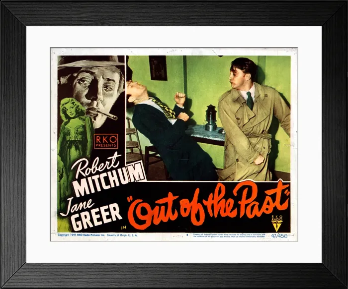 Framed Print : OUT OF THE PAST, (On left side) Rhonda Fleming, Robert Mitchum, (in center picture) Robert Mitchum (far rt), 1947