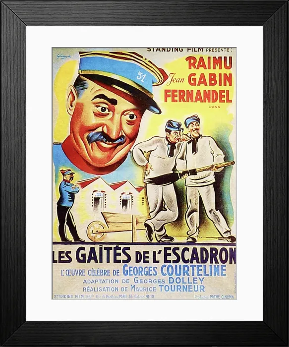 Framed Print : LES GAITIES DE L'ESCADRON, (aka FUN IN BARRACKS), French poster art, top: Raimu; from left in white uniforms: Jean Gabin, Fernandel, 1932 Framed Print : LES GAITIES DE L'ESCADRON, (aka FUN IN BARRACKS), French poster art, top: Raimu; from left in white uniforms: Jean Gabin, Fernandel, 1932