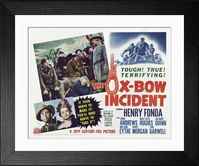 Framed Print : THE OX-BOW INCIDENT, top l-r: Dana Andrews, Rondo Hatton, Anthony Quinn, Jane Darwell, Francis Ford, Frank Conroy, bottom l-r: Henry Fonda, Mary Beth Hughes on poster art, 1943