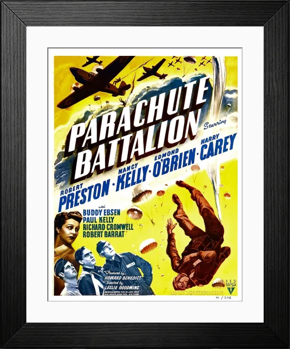 Framed Print : PARACHUTE BATTALION, left from top: Nancy Kelly, bottom far right: Harry Carey on window card, 1941 Framed Print : PARACHUTE BATTALION, left from top: Nancy Kelly, bottom far right: Harry Carey on window card, 1941