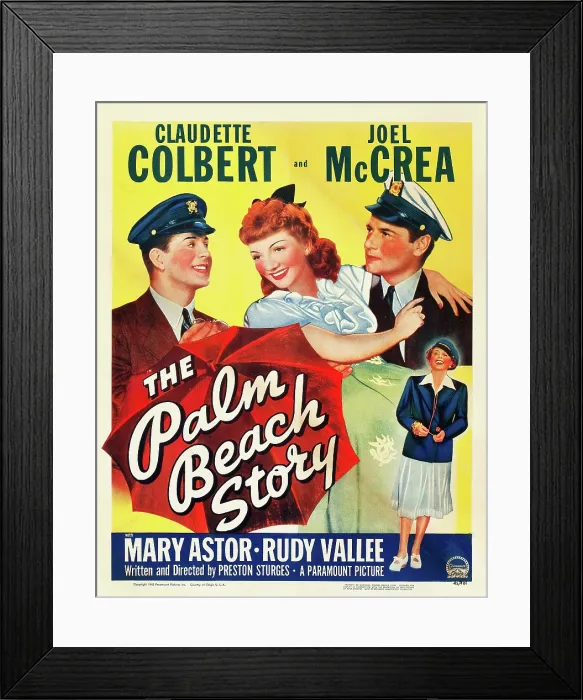 Framed Print : THE PALM BEACH STORY, l-r: Rudy Vallee, Claudette Colbert, Joel McCrea, bottom: Mary Astor on window card, 1942 Framed Print : THE PALM BEACH STORY, l-r: Rudy Vallee, Claudette Colbert, Joel McCrea, bottom: Mary Astor on window card, 1942