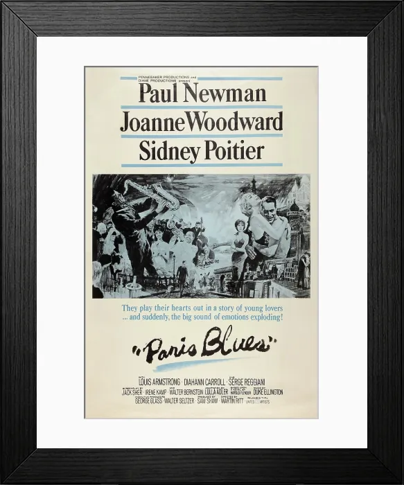 Framed Print : PARIS BLUES, US poster art, right, embracing: Joanne Woodward Paul Newman; Sidney Poitier (saxophone), Louis Armstrong (trumpet), 1961