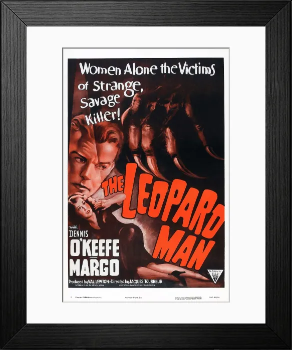 Framed Print : THE LEOPARD MAN, US re-issue poster, from top: Dennis O'Keefe, Margo, 1943