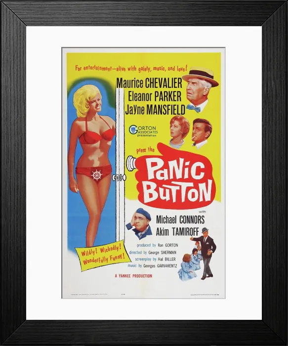Framed Print : PANIC BUTTON, poster art, left; Jayne Mansfield, right from top: Maurice Chevalier, Eleanor Parker, Michael Connors, Akim Tamiroff, Maurice Chevalier, 1964