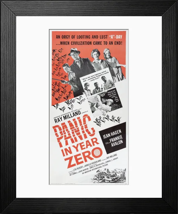 Framed Print : PANIC IN YEAR ZERO!, top l-r: Frankie Avalon, Ray Milland, Jean Hagen, Mary Mitchel, bottom l-r: Jean Hagen, Mary Mitchel, poster art, 1962