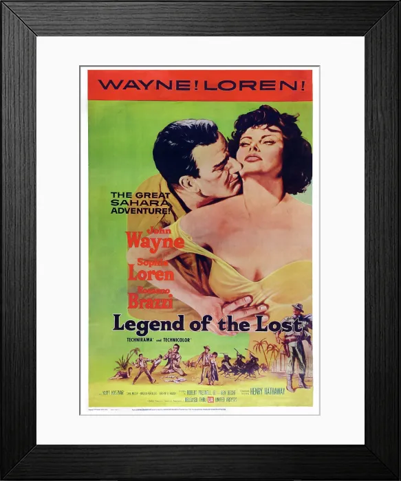 Framed Print : LEGEND OF THE LOST, US poster art, from left: John Wayne, Sophia Loren, 1957