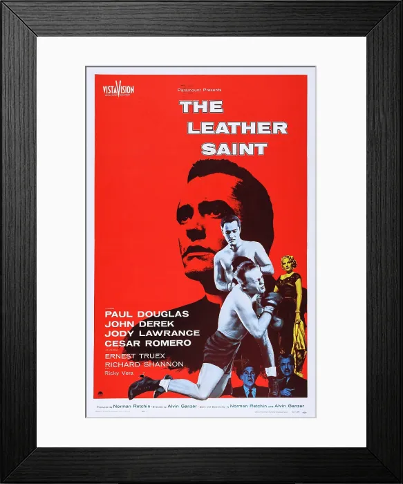 Framed Print : THE LEATHER SAINT, US poster art, from left: John Derek, (standing), Jody Lawrance; bottom right: Paul Douglas, Cesar Romero, 1956