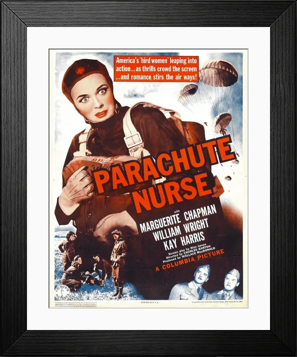 Framed Print : PARACHUTE NURSE, Marguerite Chapman on window card, 1942