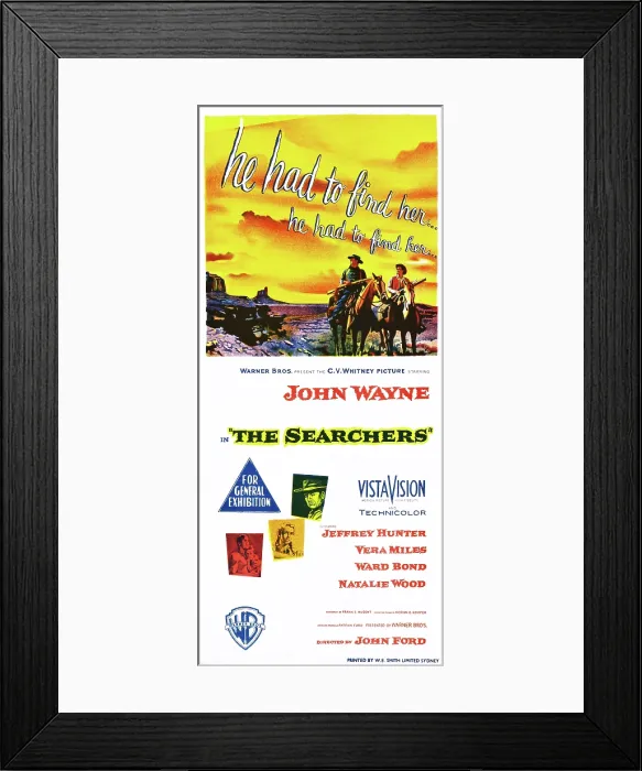 Framed Print : THE SEARCHERS, top l-r: John Wayne, Jeffrey Hunter, bottom l-r: Jeffrey Hunter, Vera Miles, John Wayne on Australian poster art, 1956