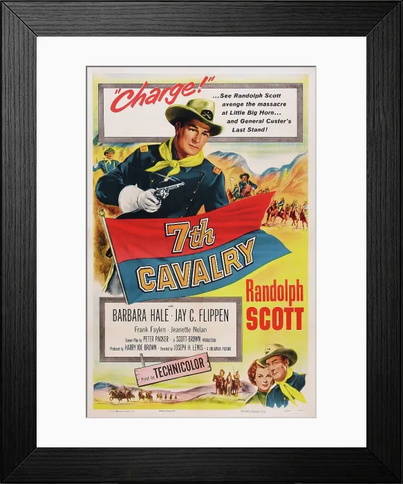 Framed Print : 7TH CAVALRY, (aka SEVENTH CAVALRY), US poster art, top center: Randolph Scott; bottom right from left: Barbara Hale, Randolph Scott, 1956 Framed Print : 7TH CAVALRY, (aka SEVENTH CAVALRY), US poster art, top center: Randolph Scott; bottom right from left: Barbara Hale, Randolph Scott, 1956