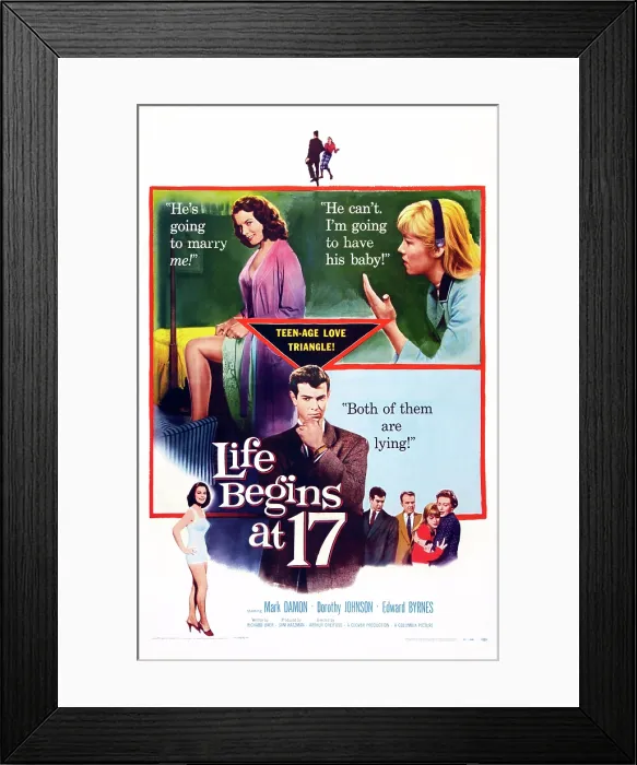 Framed Print : LIFE BEGINS AT 17, US poster, top from left: Dorothy Johnson, Luana Anders, Mart Damon (center), Dorthy Johnson (bottom left), bottom right from left: Mark Damon, Hugh Sanders