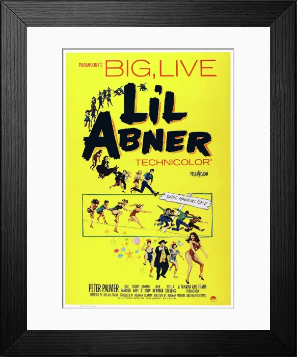 Framed Print : LI'L ABNER, (aka LIL ABNER), top l-r: Stubby Kaye, Billie Hayes, Leslie Parrish, Peter Palmer, bottom l-r: Stubby Kaye, Julie Newmar on poster art, 1959