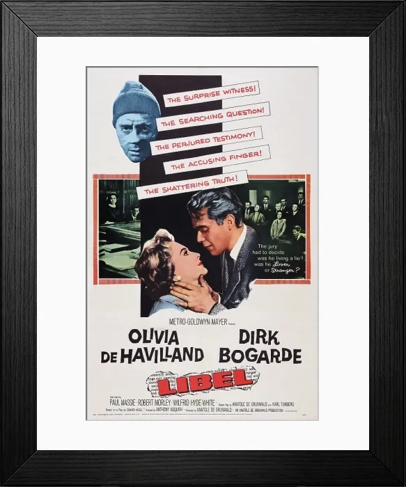 Framed Print : LIBEL, US poster art, from left: Olivia De Havilland, Dirk Bogarde, 1959