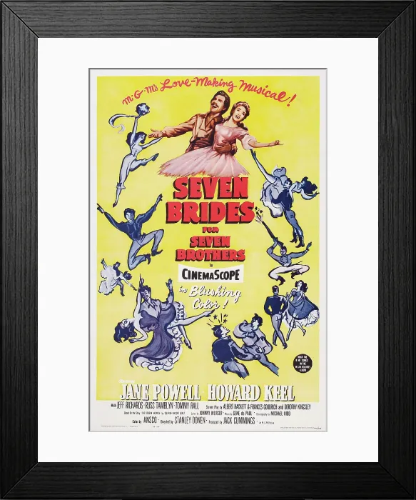 Framed Print : SEVEN BRIDES FOR SEVEN BROTHERS, US re-issue poster, top center from left: Howard Keel, Jane Powell, 1954 Framed Print : SEVEN BRIDES FOR SEVEN BROTHERS, US re-issue poster, top center from left: Howard Keel, Jane Powell, 1954