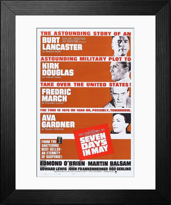 Framed Print : SEVEN DAYS IN MAY, US poster, from top: Burt Lancaster, Kirk Douglas, Fredric March, Ava Gardner, 1964