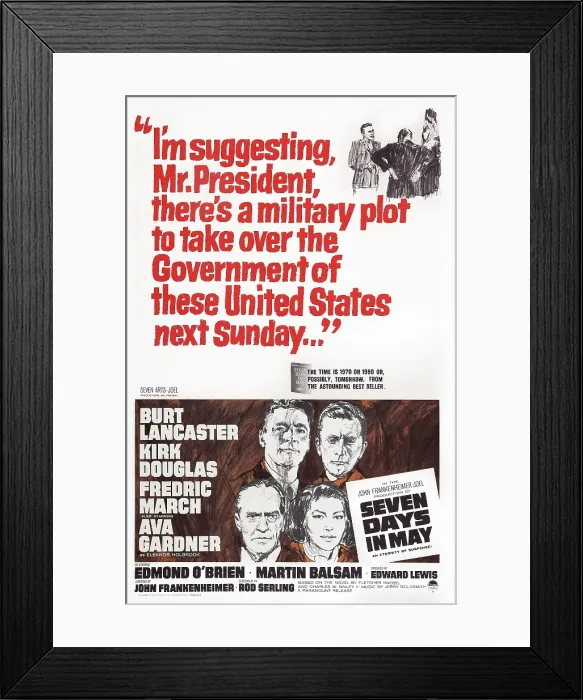 Framed Print : SEVEN DAYS IN MAY, US poster art, bottom, clockwise from top left: Burt Lancaster, Kirk Douglas, Ava Gardner, Fredric March, 1964