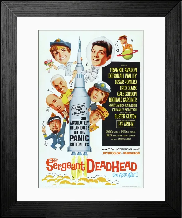 Framed Print : SERGEANT DEAD HEAD, poster art, left from top: Deborah Whalley, Cesar Romero, Fred Clark, Reginald Gardiner, right from top: Buster Keaton, Frankie Avalon, Eve Arden, Gale Gordon