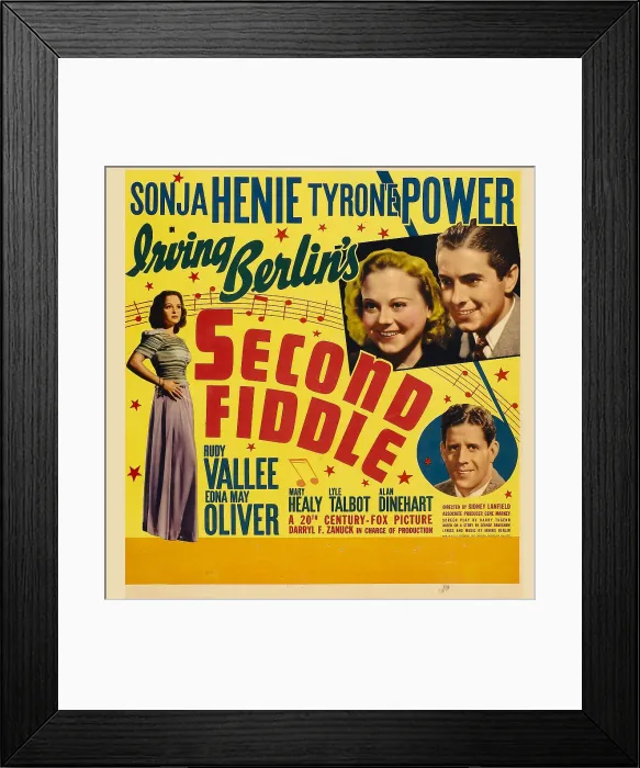Framed Print : SECOND FIDDLE, left: Mary Healy, top right from left: Sonja Henie, Tyrone Power, bottom right: Rudy Vallee on jumbo window card, 1939, TM and Copyright 20th Century Fox Film Corp