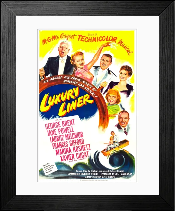 Framed Print : LUXURY LINER, US poster, from top: Lauritz Melchior, Jane Powell, George Brent, Frances Gifford, Marina Koshetz, Xavier Cugat, 1948