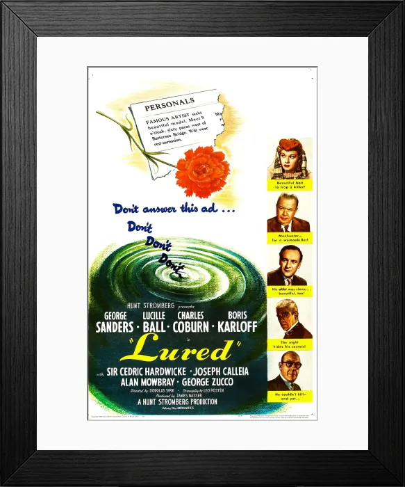 Framed Print : LURED, US poster, from top: Lucille Ball, Charles Coburn, George Sanders, Boris Karloff, Cedric Hardwicke, 1947