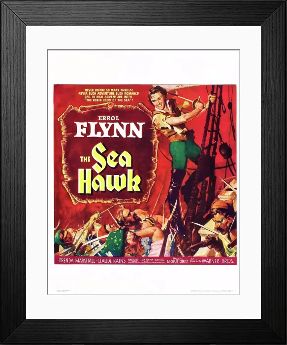 Framed Print : THE SEA HAWK, Errol Flynn on window card, 1940
