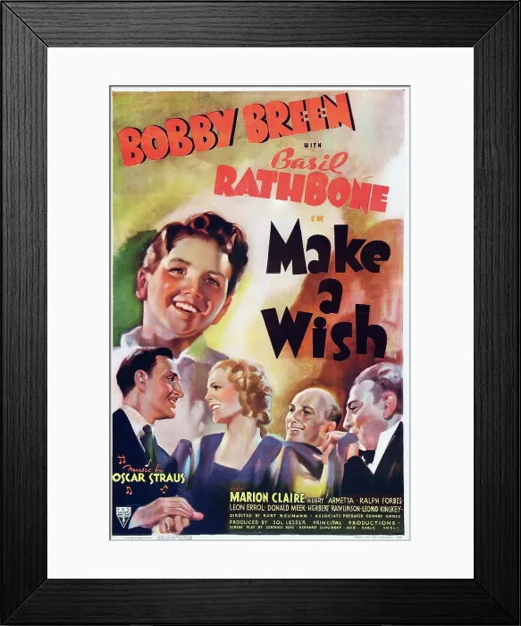Framed Print : MAKE A WISH, US poster art, top: Bobby Breen; bottom from left: Basil Rathbone, Marion Claire, Leon Errol, Henry Armetta, 1937 Framed Print : MAKE A WISH, US poster art, top: Bobby Breen; bottom from left: Basil Rathbone, Marion Claire, Leon Errol, Henry Armetta, 1937