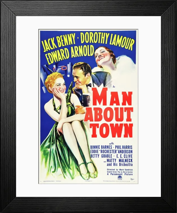 Framed Print : MAN ABOUT TOWN, US poster art, from left: Betty Grable, Jack Benny, Dorothy Lamour, 1939