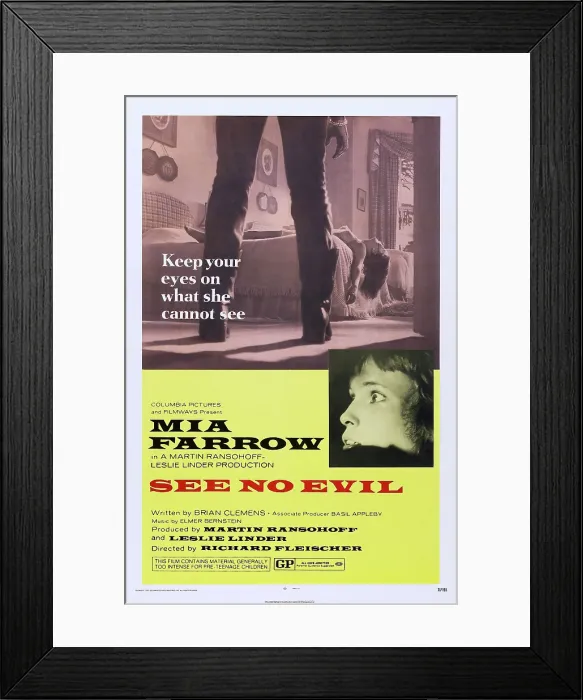 Framed Print : SEE NO EVIL, (aka BLIND TERROR), US poster, Diane Grayson (on bed), Mia Farrow (bottom), 1971 Framed Print : SEE NO EVIL, (aka BLIND TERROR), US poster, Diane Grayson (on bed), Mia Farrow (bottom), 1971