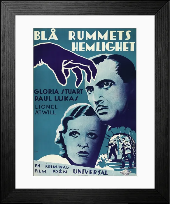 Framed Print : THE SECRET OF THE BLUE ROOM, (aka BLA RUMMETS HEMLIGHET), Swedish poster art, l-r: Gloria Stuart, Paul Lukas, 1933