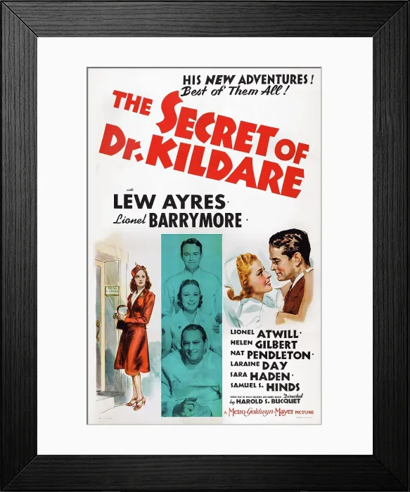 Framed Print : THE SECRET OF DR. KILDARE, US poster art, center insert from top: Lew Ayres, Laraine Day, Lionel Barrymore, 1939